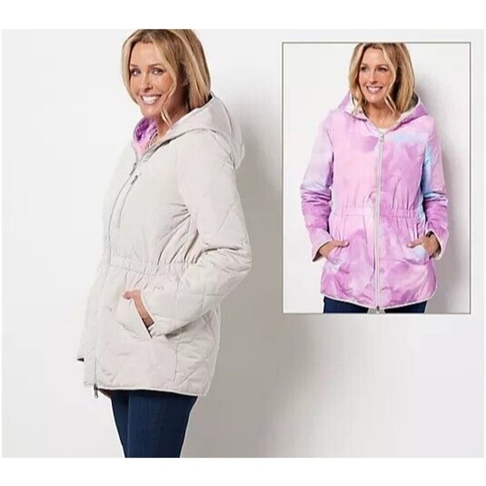 Nuage Reversible Quilted Jacket with Hood & Cinch Waist Sand Cotton Candy,XXS